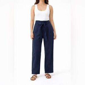 LUNIK High-Rise Navy Straight-Leg Pants with Self Tie